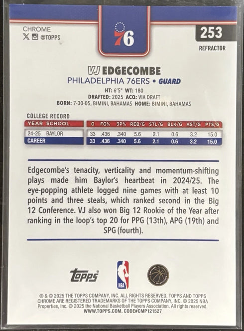 2025-26 Topps Chrome - VJ Edgecombe #253 Refractor (RC) Sixers