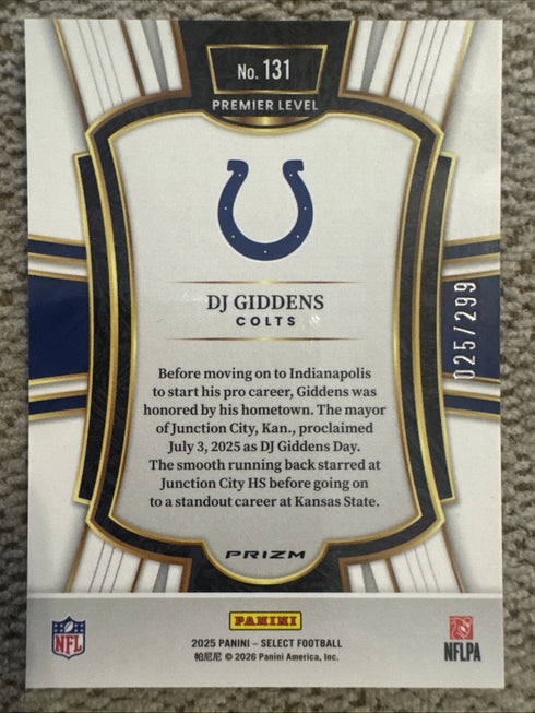 2025 Panini Select DJ Giddens Tri Color Prizm /299 Premier Level Colts RC