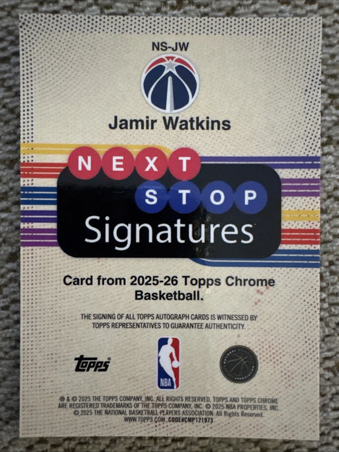 2025-26 TOPPS CHROME JAMIR WATKINS RC NEXT STOP SIGNATURES AUTO GREEN NS-JW /99