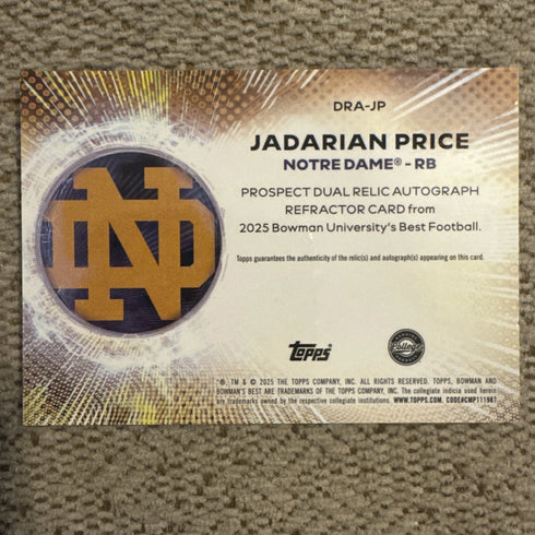 2025 Bowman Best University Jadarian Price Dual Patch Auto - Notre Dame
