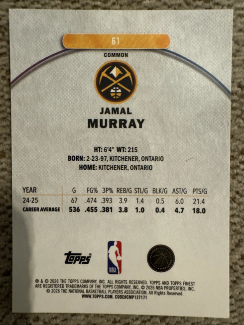 JAMAL MURRAY 2025-26 TOPPS FINEST #61 COMMON PURPLE GEOMETRIC REFRACTOR 12/100