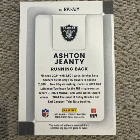 2025 Panini Donruss - Rookie Phenom Jerseys Ashton Jeanty #RPJ-AJY (MEM, RC)