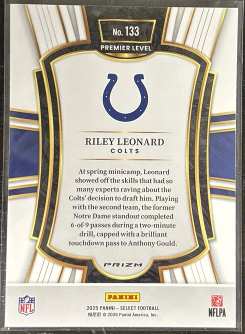 2025 Panini Select - Premier Level Riley Leonard Black & Green Shock Prizm Colts