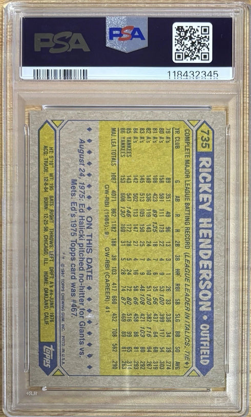 1987 Topps Rickey Henderson New York Yankees #735 PSA 10