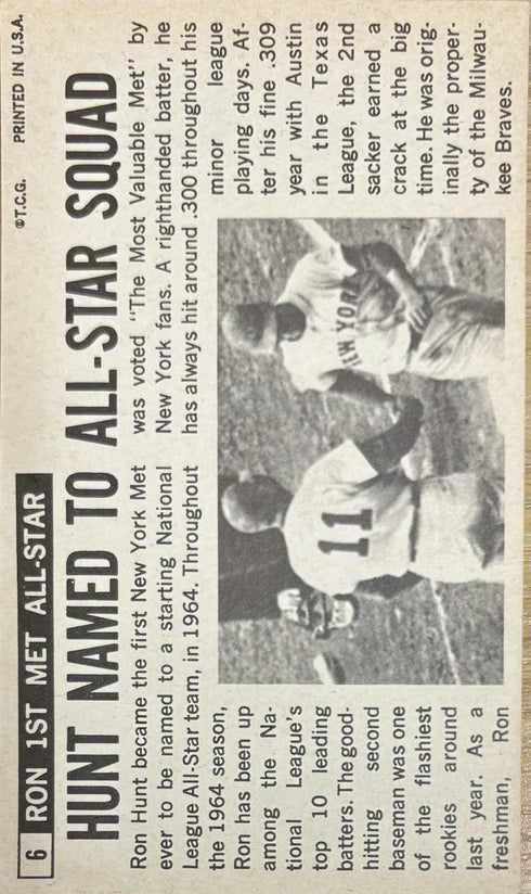 1964 Topps Oversized Ron Hunt New York Mets #6