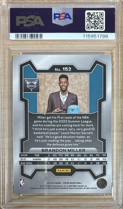 2023 Prizm Brandon Miller Charlotte Hornets Variation Rookie #152 PSA 9