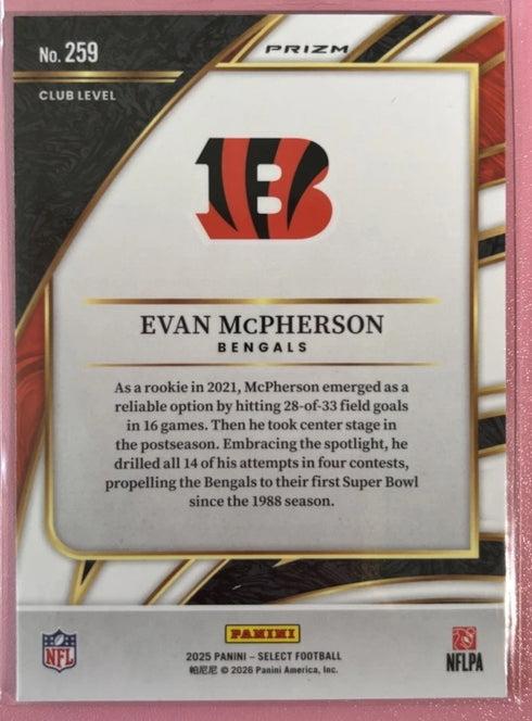 2025 Panini Select Evan McPherson Red Shock Prizm Club Level #259 Bengals
