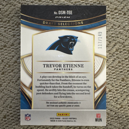 2025 Panini Select Trevor Etienne RC Blue Patch Carolina Panthers DSM-TEE /149