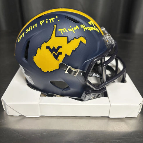 West Virginia Major Harris Signed Mini Helmet Eat Sh*t Pitt JSA COA
