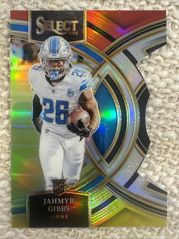 2023 Select Jahmyr Gibbs RC Red and Yellow Prizm Die Cut Premier Level #198