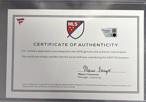 MLS D.C. United Certified Game Used Soccer Ball 2023 Season Fanatics COA