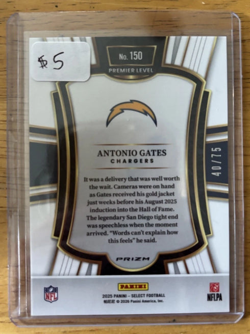 2025 Panini Select Antonio Gates Premier Level Prizm Purple Football #150 /75