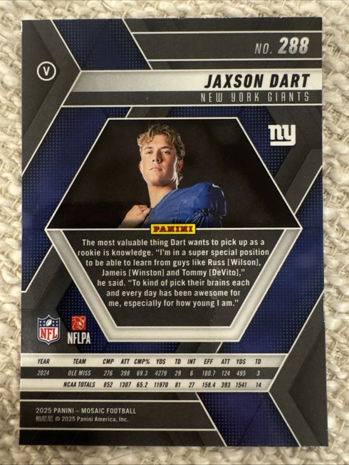 2025 Panini Mosaic ~ Jaxon Dart #288 RC ~ Image Variation ~ New York Giants