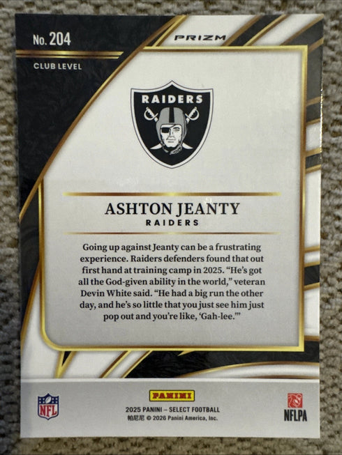 2025 Select Football Ashton Jeanty Silver Club Level #204 RC Las Vegas Raiders