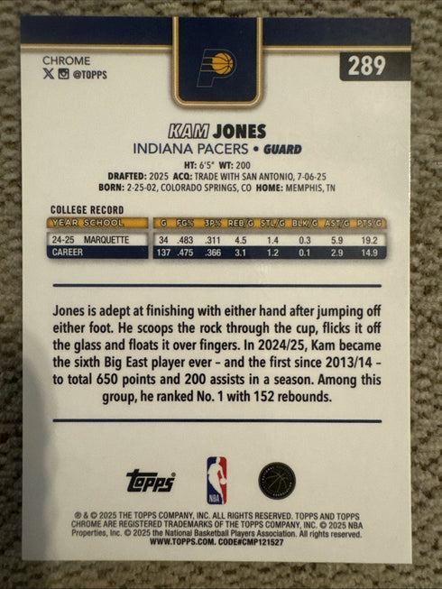 2025-26 Topps Chrome #289 Kam Jones Rookie RC Basketball Refractor - Pacers