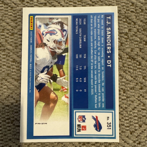 2025 Panini Donruss Optic T.J. Sanders #351 Buffalo Bills Pink Prizm Rookie