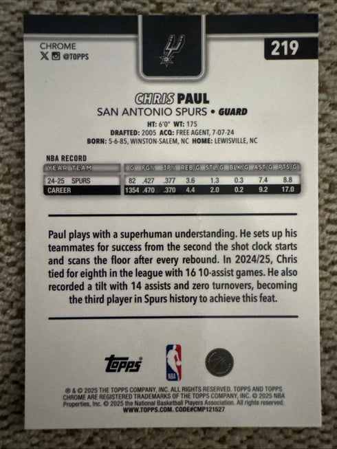 2025-26 Topps Chrome Chris Paul 219 Blue Wave Refractor /150 SP