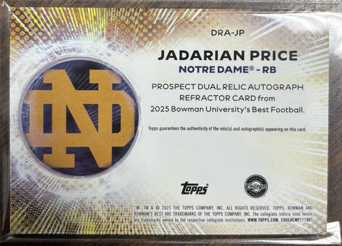 2025 Bowman's Best University Dual Relic Patch Autographs Jadarian Price Irish