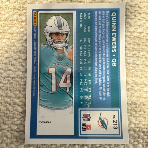 2025 Panini Donruss Optic purple shock Prizm Quinn Ewers #213 Dolphins Football