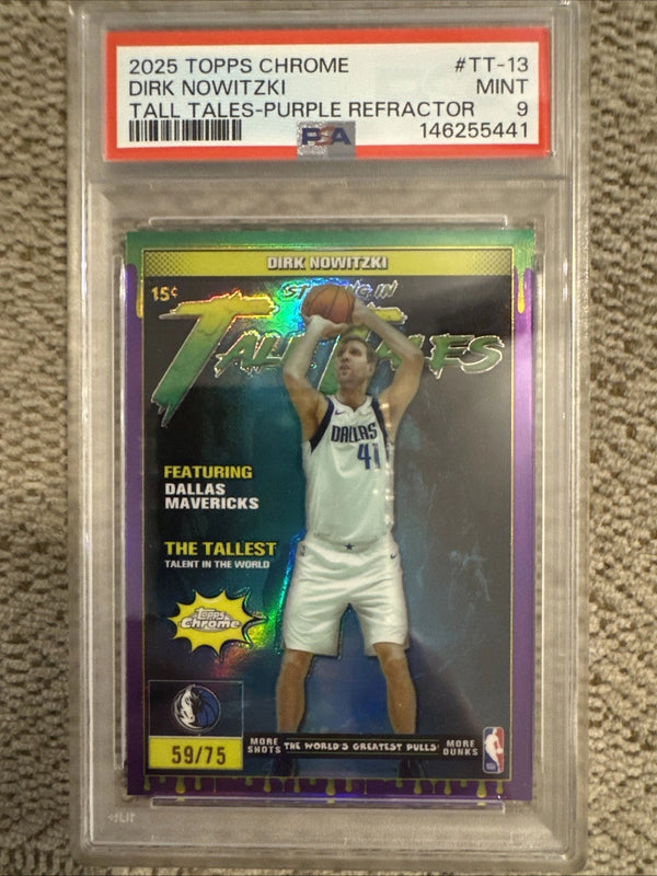 Dirk Nowitzki 2025-26 Topps Chrome /75 Purple Tall Tales Mavericks PSA 9 TT-13