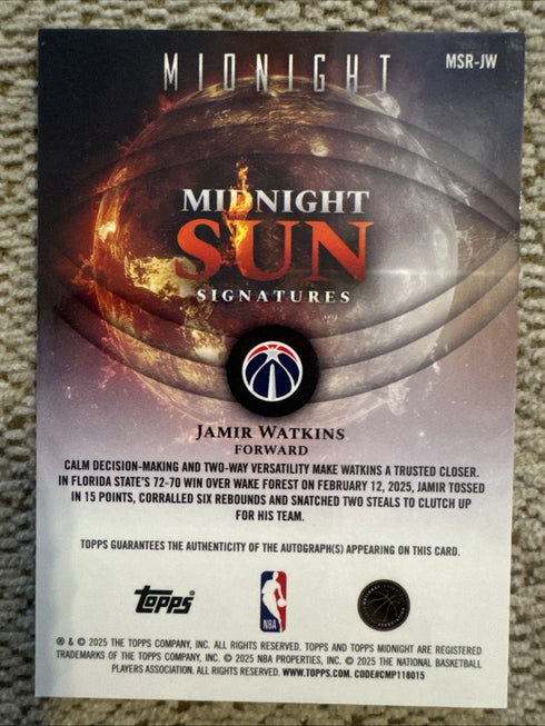 2025-26 Topps Midnight - Midnight Sun Signatures Dusk Jamir Watkins #/50 RC Auto