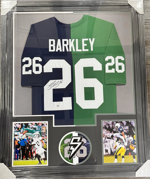 Philadelphia Eagles / PSU Saquon Barkley Signed Framed Split Jersey PSA COA