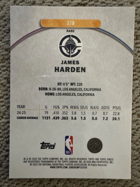 2025-26 Topps Finest James Harden #/75 Rare ~ Purple X-Fractor