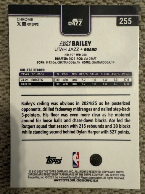 2025 Topps Chrome Ace Bailey #255 Utah Jazz Rookie Red White & Blue Refractor