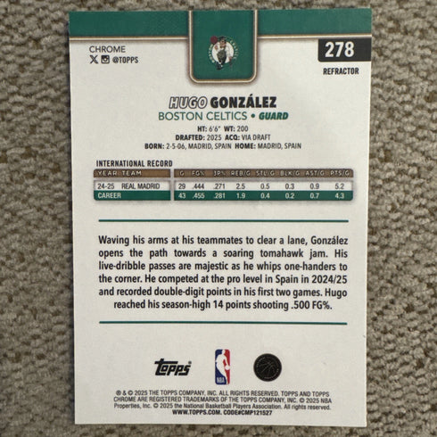 2025 Topps Chrome Refractor #278 Hugo Gonzalez RC Boston Celtics