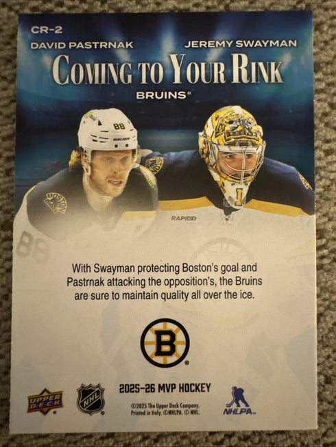 2025-26 Upper Deck MVP #CR-2 David Pastrnak / Jeremy Swayman Coming to Your Rink