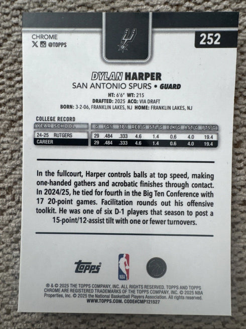 Topps Chrome Dylan Harper San Antonio Spurs NBA Rookie Sports Trading Card #252