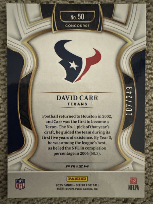 David Carr /249 - 2025 Panini Select Concourse Blue Prizm #50 Texans