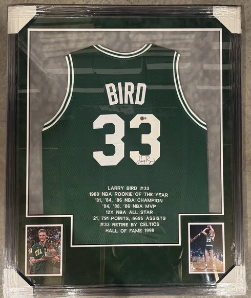 Boston Celtics Larry Bird Signed Framed Jersey W/ Stats Beckett COA