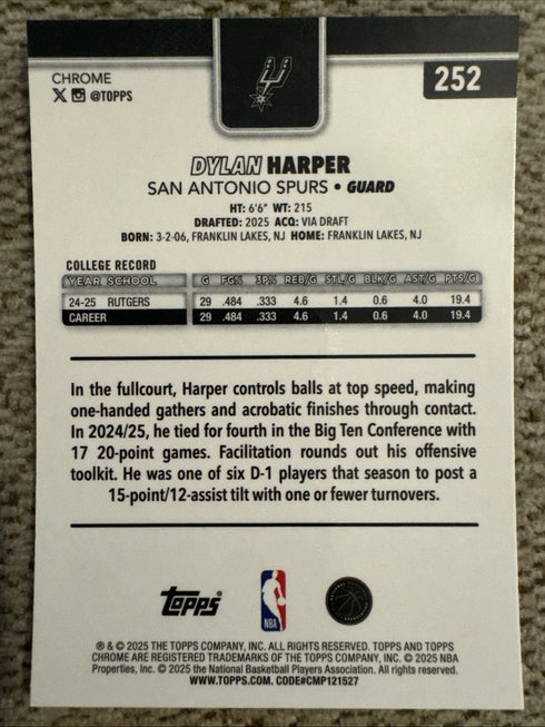 Dylan Harper 2025-26 Topps Chrome Basketball Rookie Spurs RC #252