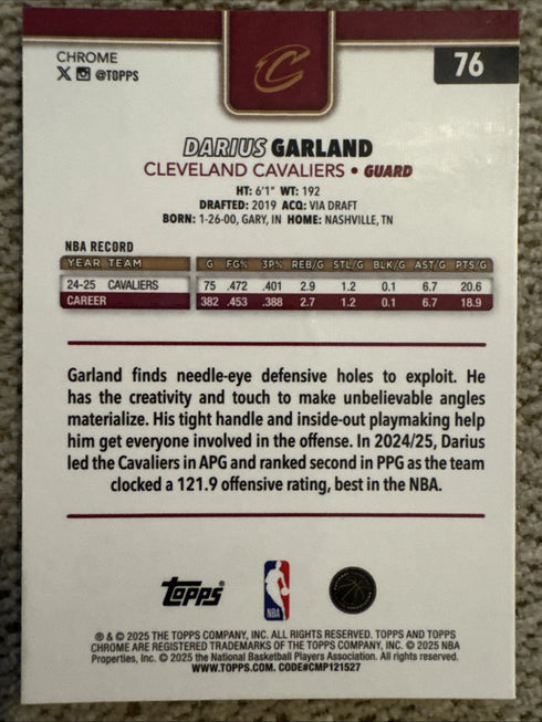 2025-26 Topps Chrome Prism Refractor Card #76 Darius Garland Cavaliers Clippers