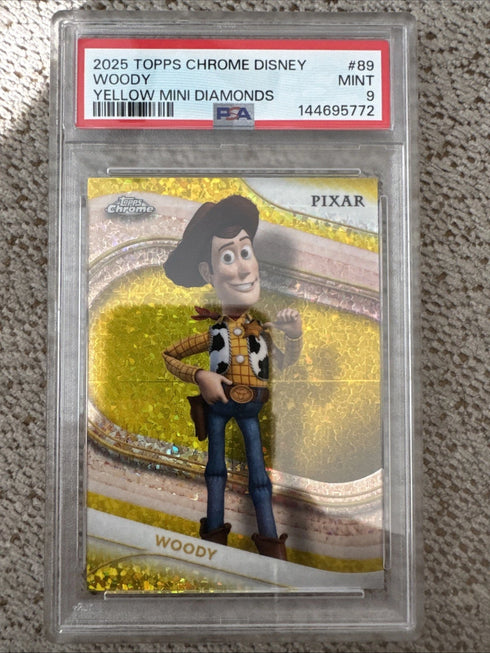 2025 Topps Chrome Disney Woody Yellow Mini Diamond Refractor #89 PSA 9