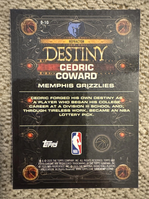 2025-26 Topps Chrome Destiny Refractor Cedric Coward RC Memphis Grizzlies #D-10