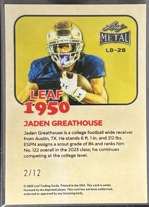2026 Leaf Metal Jaden Greenhouse Leaf 1950 /12 Notre Dame