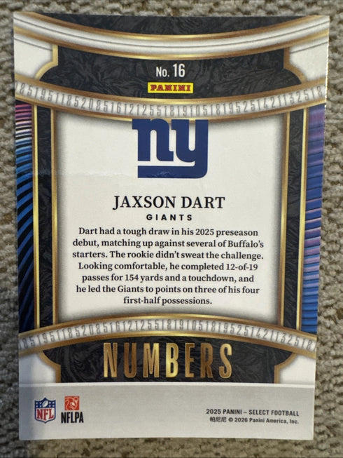 2025 Panini Select-Jaxon Dart #16, Numbers Insert, RC