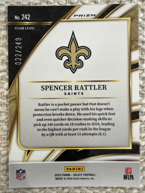 2025 Select Spencer Rattler Tri Color Prizm /249 Club Level Saints SSP QB
