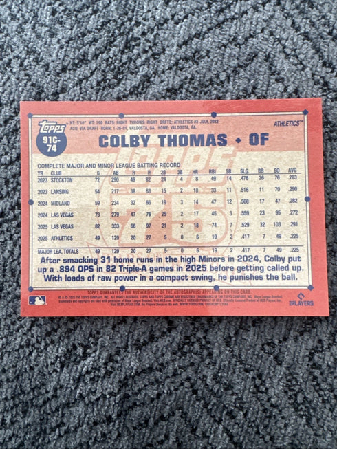 Colby Thomas 2026 Topps Chrome GOLD Auto Autograph RC Athletics. /50 E87