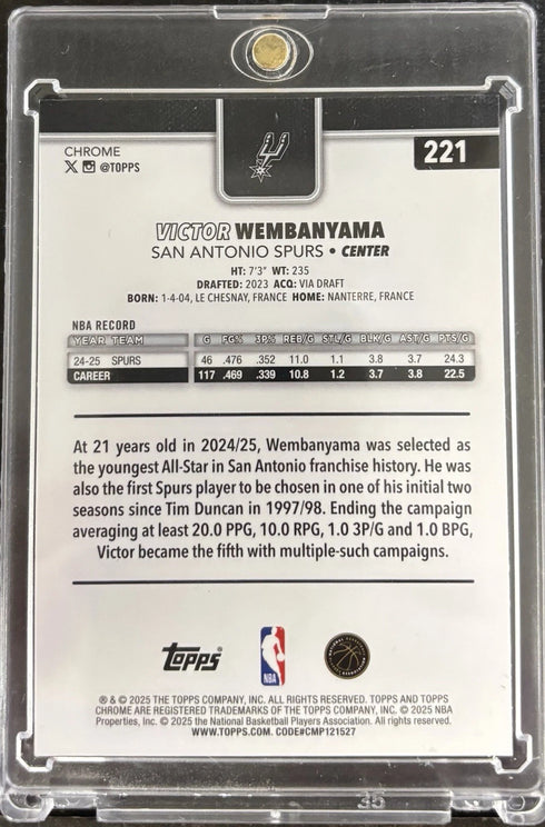 2025-26 Topps Chrome - Victor Wembanyama #221 Basketball Refractor Spurs