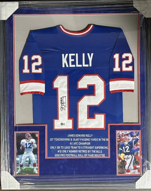 Buffalo Bills Jim Kelly Autographed Stat Custom Framed Jersey Beckett Coa