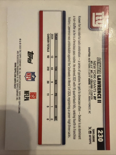 2025 TOPPS CHROME RAY WAVE REFRACTORS DEXTER LAWRENCE II NEW YORK GIANTS -