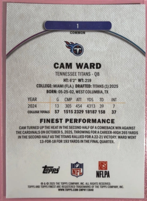 2025 Topps Finest Football Cam Ward Titans RC X-Fractor