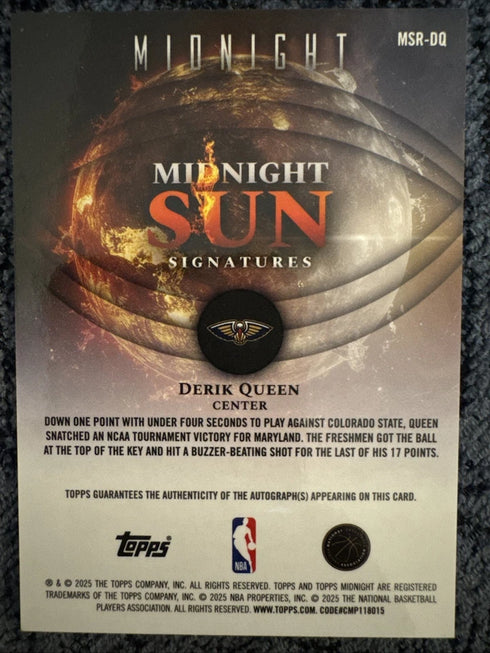 Topps Midnight 2025-26 Derik Queen New Orleans #MSR-DQ Rookie Auto Midnight Sun