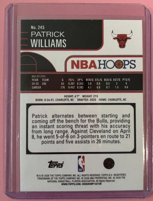 Topps 2025-26 Patrick Williams Chicago Bulls #38 Holofoil Parallel
