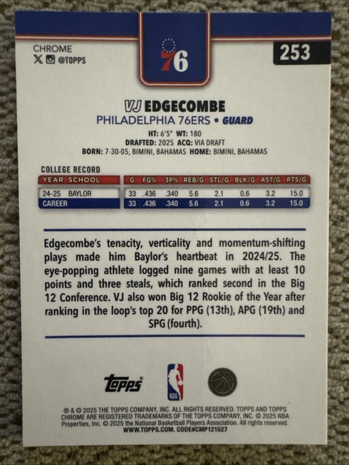 Topps Chrome 2025-26 Wave Refractor VJ Edgecombe Rookie Philadelphia 76ers #253