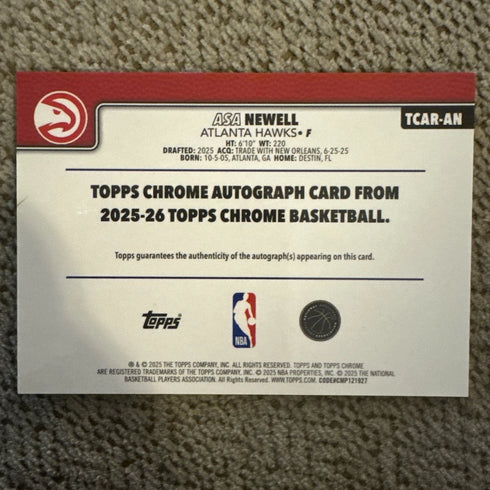 Asa Newell 2025-26 Topps Chrome Rookie Auto RC #TCAR-AN Hawks
