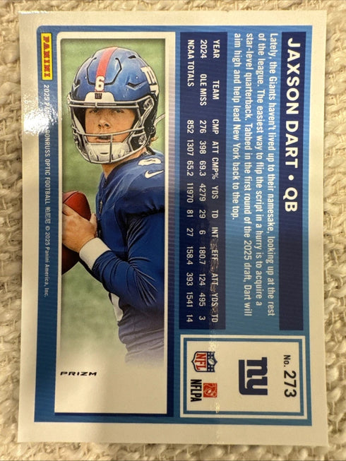 2025 Panini Donruss Optic JAXSON DART Rated Rookie #273 Green Hyper Prizm GIANTS
